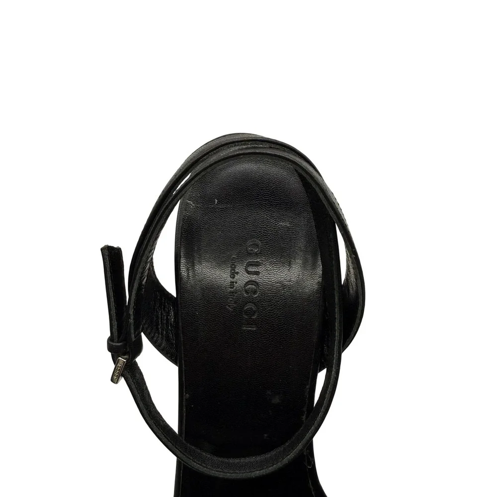 Gucci Black‎ Leather Studded Platform Sandals Block Heel Made in Italy Size 38
